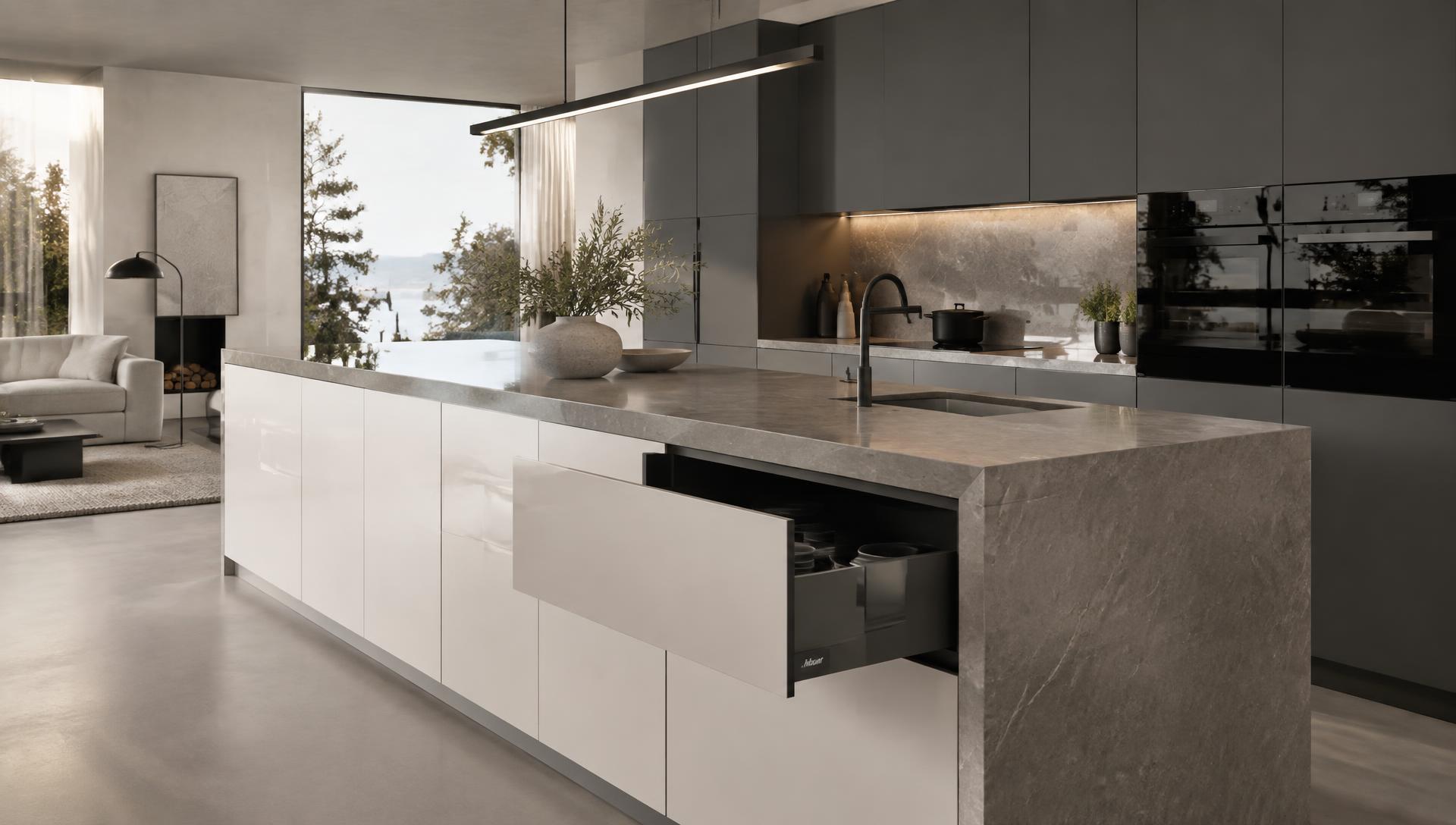 Modern kitchen island with a drawer open on Sleech hardware